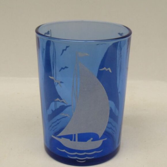 Hazel Atlas Glass Cobalt Blue SAILBOAT SHIPS Straight Sided 3 3/4" 9 Oz Tumbler - Picture 2 of 4